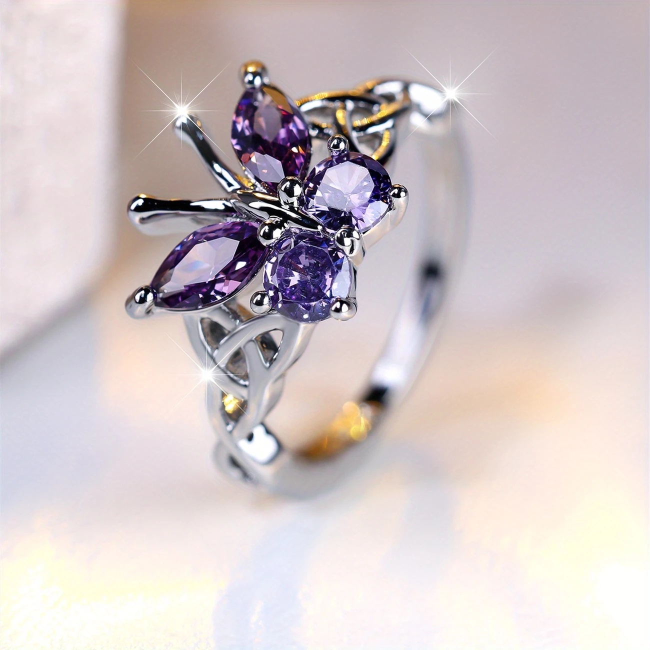 Purple Butterfly Silver Ring